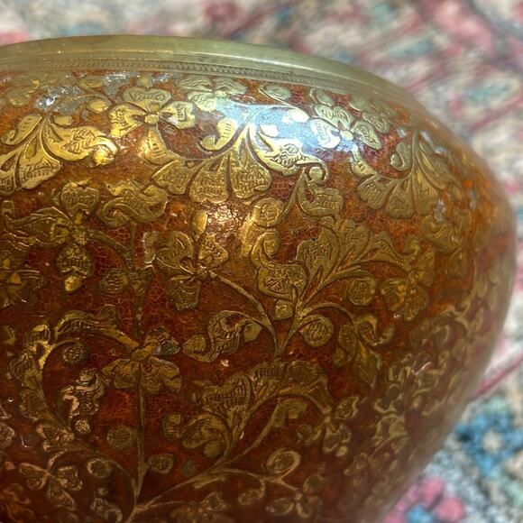 Beautiful Vintage etched Antique Indian Asian Brass Bowl Floral Pattern - Picture 7 of 7